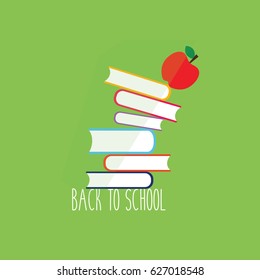 simple clean text - back to school illustration with many closed books & one red apple vector fall down on green flat design background & leaf for library. study & learn symbol. ready for school