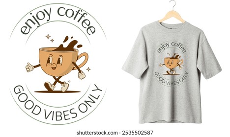 A simple and clean T-shirt design featuring an espresso cup walking with the cheerful phrase "Enjoy Coffee, Good Vibes Only." This minimalist vector illustration is perfect for coffee enthusiasts