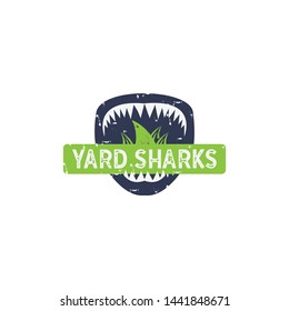 simple, clean, unique and elegant logo design with yard or grass and sharks