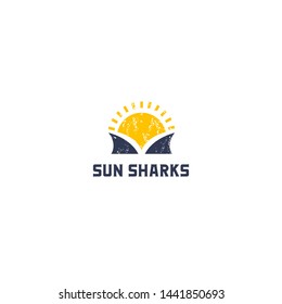 simple, clean, unique and elegant logo design with sharks and sun