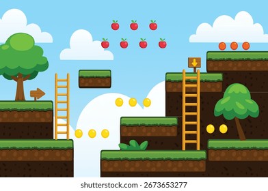 A simple and clean vector background for a 2D platformer game. This asset kit includes grassy platforms ladders trees collectible coins and apples against a bright sky
