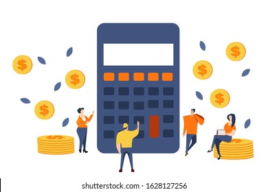 simple and clean vector flat illustration design; for your website; landing page flat vector design illustration; calculator, coins and people; good for describing calculate finance