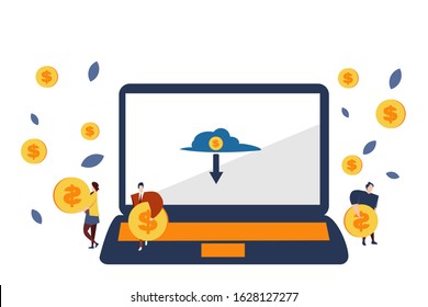 simple and clean vector flat illustration design; for your website; landing page flat vector design illustration;laptops, coins and people ; good for describing take money online