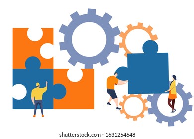 simple and clean vector flat illustration design; for your website; landing page flat vector design illustration;shopping list,puzzle, gear and people ; good for describing teamwork