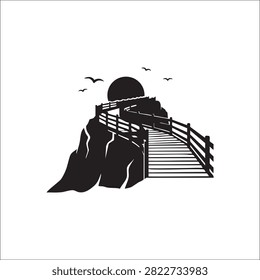 Simple clean vector graphic featuring winding wooden trail ascending steep rocky mountain peak against large circular setting sun with birds flying in distance ideal for hiking related content outdoor adventure branding travel logos or minimalist nature inspired creative art projects.