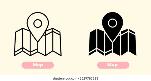 Simple and clean vector icon of a folded map with visible grid lines and location markers, representing navigation and travel. The design is minimalist, using smooth, bold lines and modern flat style.