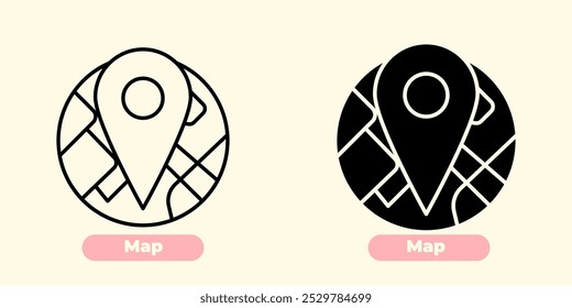 Simple and clean vector icon of a folded map with visible grid lines and location markers, representing navigation and travel. The design is minimalist, using smooth, bold lines and modern flat style.