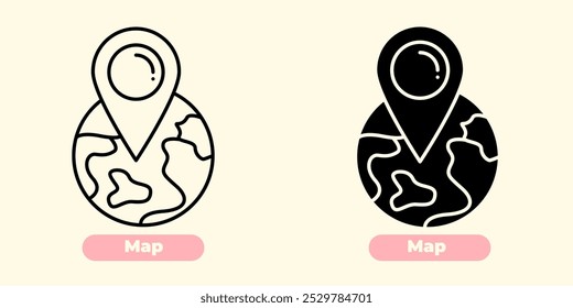 Simple and clean vector icon of a folded map with visible grid lines and location markers, representing navigation and travel. The design is minimalist, using smooth, bold lines and modern flat style.