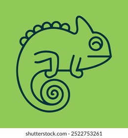 Una Ilustración vectorial simple y limpia de un camaleón en un contorno verde oscuro sobre un fondo verde brillante. Perfecto para diseños, carteles y marcas con temas de naturaleza