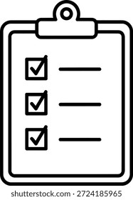 Eine einfache und übersichtliche Vektorgrafik einer Zwischenablage mit einer Checkliste. Das Design ist minimalistisch und eignet sich für verschiedene Anwendungen wie Webdesign, Präsentationen und Infografiken.