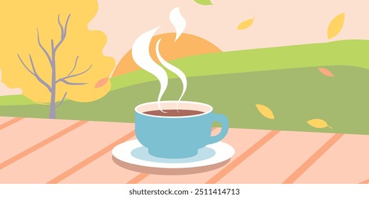 A simple and clean vector illustration depicting a steaming cup of coffee placed on a terrace, with a beautiful autumn landscape in the background.