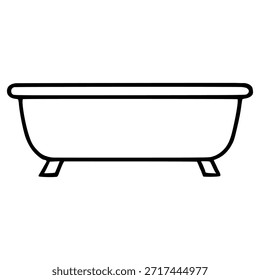 Una Ilustración vectorial sencilla y limpia de una bañera independiente con un borde curvo y cuatro patas, presentada en un contorno negro minimalista sobre un fondo blanco.