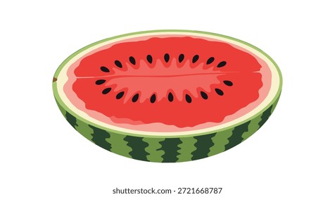 Eine einfache und saubere Vektorgrafik einer halben Wassermelone, die in Längsrichtung geschnitten wird und das helle rote Fleisch und die schwarzen Samen im Inneren zeigt.