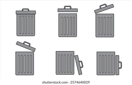 A simple and clean vector set of trash bins in various positions. Perfect for web design, infographics, and waste management materials