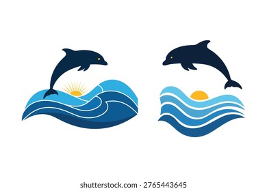 Simple and clean vector of two dolphins jumping over stylized ocean waves. Suitable for logos, marine themes, and aquatic branding.