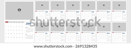 Simple and clean vertical 2026 calendar template. Wall calendar layout for 2026. 2026 monthly calendar template for company.