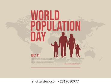 Simple Clean World Population Day Banner With Family Silhouette And World Map Background Concept