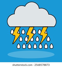 Simple and clear Cloud, Rain and Thunder flat design icon for sticker decoration, presentation element, or something else with lines and rounded styles also isolated with color