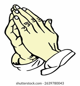 A simple and clear digital illustration depicting two hands clasped together in a praying gesture. The hands are outlined in black and filled with a light, warm yellow color, with white cuffs at the 