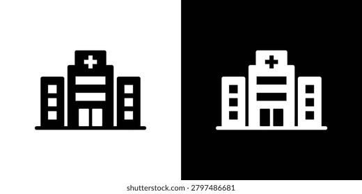 Simple and clear hospital icon featuring a multi-story building and red medical cross symbol for healthcare themes