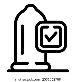 Icono simple y claro que representa un condón con una marca de verificación, que simboliza prácticas sexuales seguras