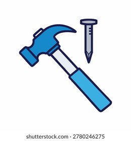 A simple and clear illustration of a blue hammer next to a grey nail, representing tools and construction.