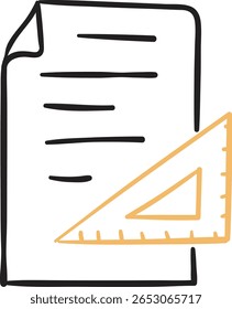 Uma ilustração de arte de linha simples e clara com um documento ou papel com linhas horizontais e uma régua triangular laranja sobreposta. 