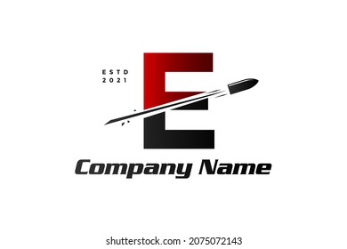 Diseño inicial de logotipo de ilustración simple, transparente y moderna E combinado con disparo de bala.