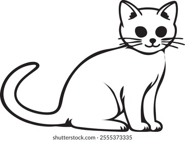 Simple and clear outline illustration of a sitting cat in black and white, capturing the elegance and charm of feline forms. Perfect for creative design projects and educational materials.