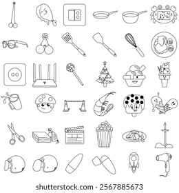 Simple and clear various icons. There are clackers ball, fried chicken, pan, kids toy, glasses, spatula, router, candy, ice cream, scissor, helmet, shrimp, lobster, con, mushroom, cup, water, iron