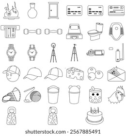 Simple and clear various iconsThere are grilled chicken, vase, door, card, toilet, camera, touter, envelope, mail, bowling ball, rooster, boba, cake, atm, ring , tripod, cheese, hat, stopwatch, clock