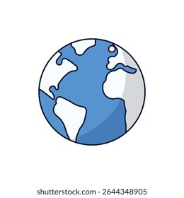 Simple and clear vector illustration of the Earth globe, showing continents in white and oceans in blue. This icon symbolizes global reach, international travel, Ideal for travel agencies.