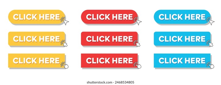 Simple Click Here Web Button Set with hand pointer or arrow pointer modern minimal style vector