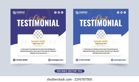 Simple client testimonial and review section vector with abstract shapes. Customer feedback review and service rating section design with blue and purple colors. Creative testimonial vector.