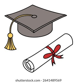 Simple clip art featuring a graduation cap with a gold tassel, along with a diploma tied with a red bow. The image is isolated on a transparent backdrop.