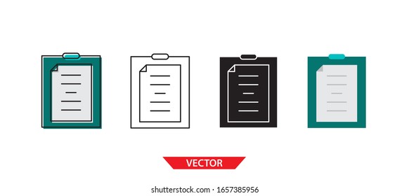 Icono simple del portapapeles en fondo blanco 4 tipos como contorno, negro, color, contorno y color. Ilustración vectorial.