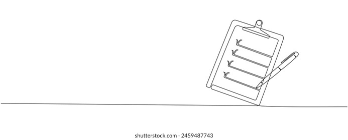 Simple clipboard line illustration with checklist and pen, pencil, to-do list, testing and reporting concepts. Continuous line illustration with editable strokes. Vector illustration.