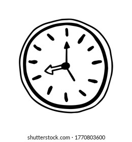 Simple clock in doodle style isolated on white background. Vector illustration.