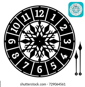 Simple clock face with arabic numerals. Vector watch for laser cutting. Cut out silhouette of dial. Illustration isolated on white background. Winter theme for scrapbooking, invitation, decoration.