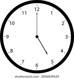 A simple clock face with numerals.  A circular clock shows black Arabic numerals (1-12) evenly spaced around its perimeter.  Simple black hour and minute hands point to a specific time. Clock face.