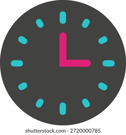 Face de relógio simples com mão de hora rosa e marcadores de hora turquesa no fundo cinza escuro