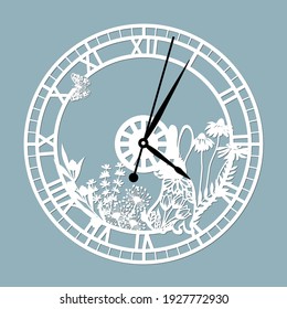 Simple cara de reloj con números romanos y liebre. Plantilla de vectores para corte láser. Silhouette de dial aislado sobre fondo gris. Tema floral de la ilustración.