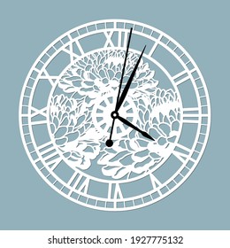 Simple clock face with roman numerals. Vector template for laser cut. Silhouette of dial isolated on gray background. Floral theme of illustration.