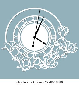 Simple clock face with roman numerals. Vector template for laser cut. Silhouette of dial isolated on gray background. Floral theme of illustration.