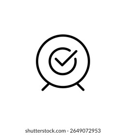 Simple clock icon with a black checkmark displayed inside, presented in a minimalist outline style on a white background, ideal for websites and user interface designs.