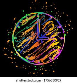 Simple clock icon. Colored ink with splashes on black background