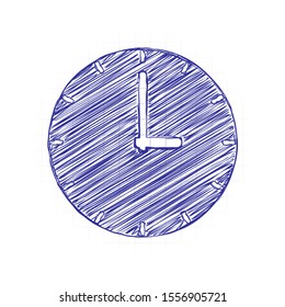 Simple clock icon. Hand drawn sketched picture with scribble fill. Blue ink. Doodle on white background