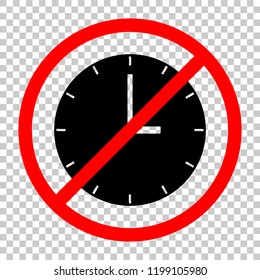 Simple clock icon. Not allowed, black object in red warning sign with transparent background