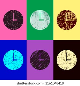 Simple clock icon. Pop art style. Scratched icons on 6 colour backgrounds. Seamless pattern