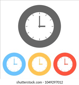 Simple clock icon. Set of white icons on colored circles